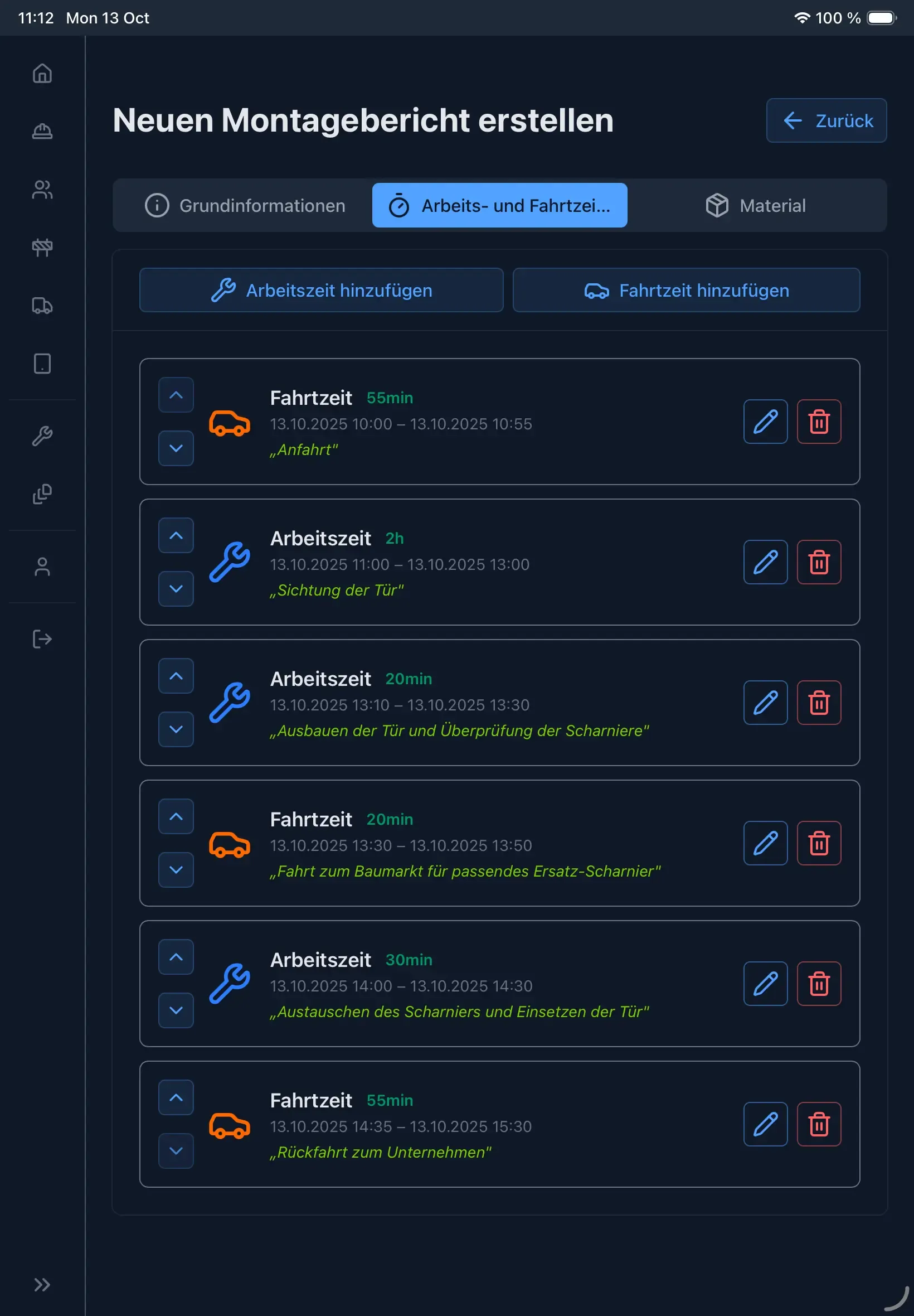 Oberfläche des Montagebericht-Systems